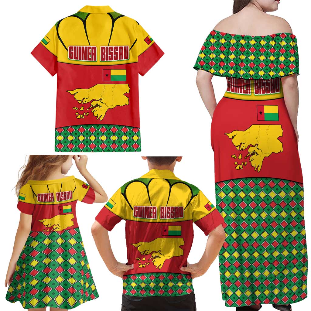 Guinea Bissau Family Matching Off Shoulder Maxi Dress and Hawaiian Shirt with Red Yellow Green Geometric Design - Wonder Print Shop