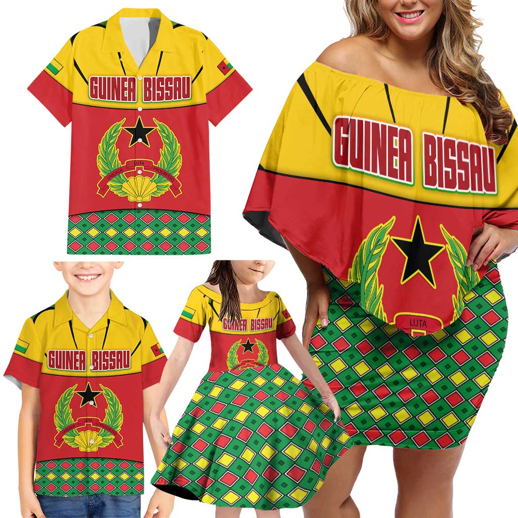 Guinea Bissau Family Matching Off Shoulder Short Dress and Hawaiian Shirt with Red Yellow Green Geometric Design - Wonder Print Shop