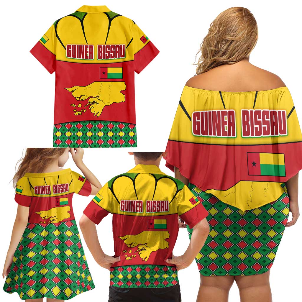 Guinea Bissau Family Matching Off Shoulder Short Dress and Hawaiian Shirt with Red Yellow Green Geometric Design - Wonder Print Shop
