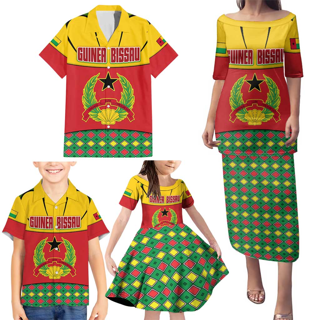 Guinea Bissau Family Matching Puletasi and Hawaiian Shirt with Red Yellow Green Geometric Design - Wonder Print Shop