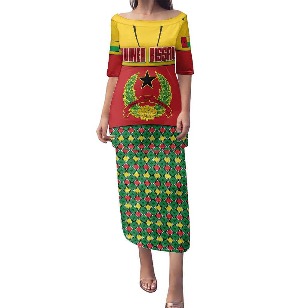 Guinea Bissau Family Matching Puletasi and Hawaiian Shirt with Red Yellow Green Geometric Design - Wonder Print Shop
