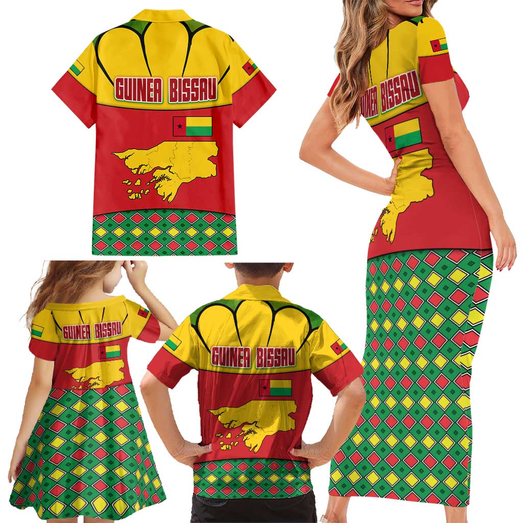 Guinea Bissau Family Matching Short Sleeve Bodycon Dress and Hawaiian Shirt with Red Yellow Green Geometric Design - Wonder Print Shop