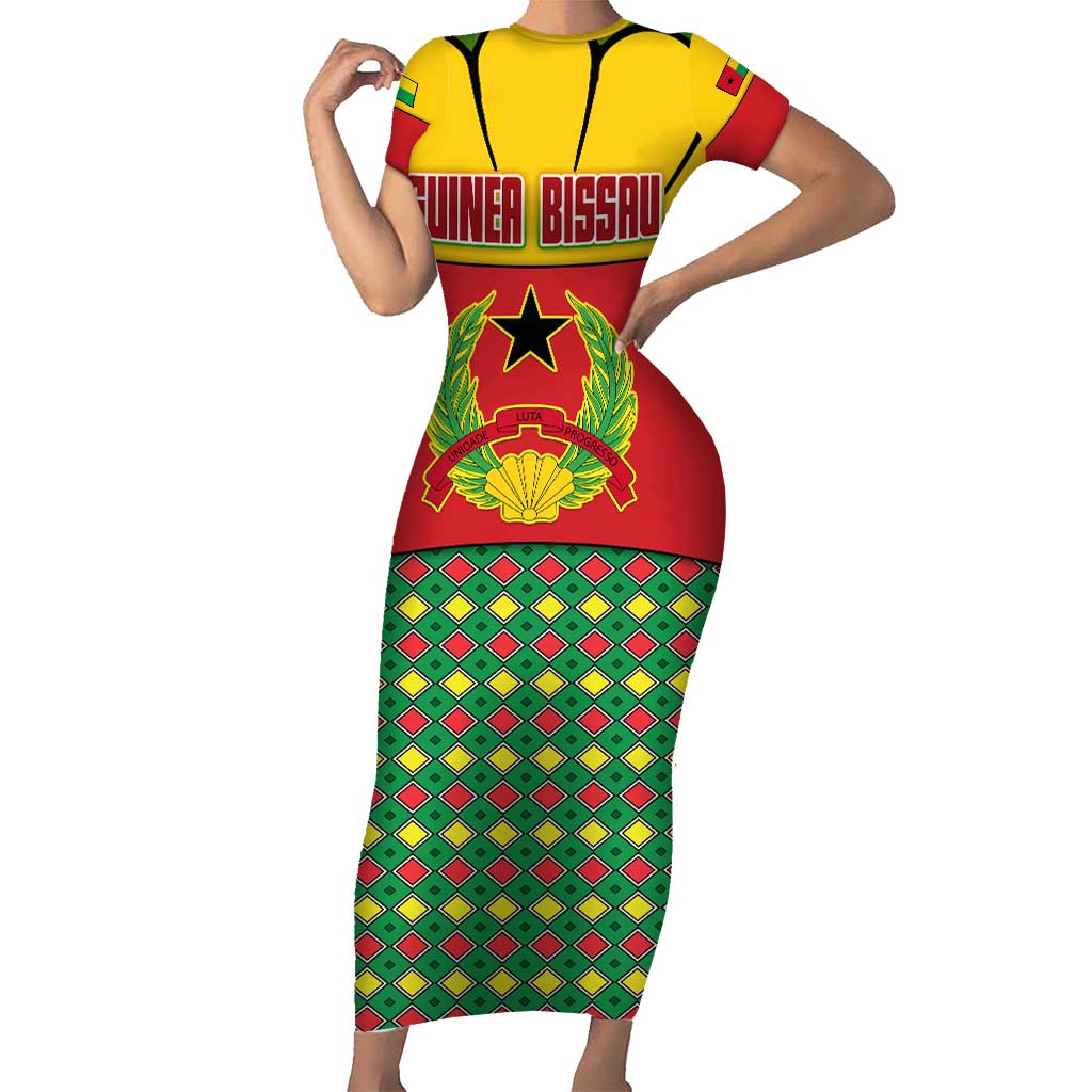 Guinea Bissau Family Matching Short Sleeve Bodycon Dress and Hawaiian Shirt with Red Yellow Green Geometric Design - Wonder Print Shop
