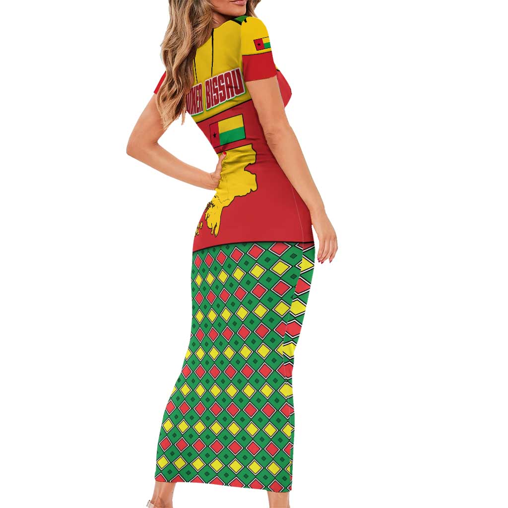 Guinea Bissau Family Matching Short Sleeve Bodycon Dress and Hawaiian Shirt with Red Yellow Green Geometric Design - Wonder Print Shop
