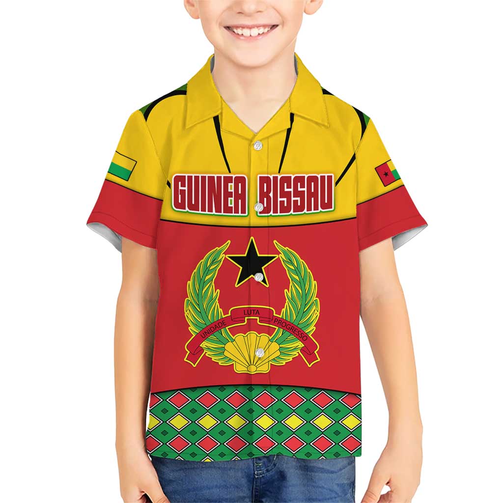 Guinea Bissau Kid Hawaiian Shirt with Red Yellow Green Geometric Design - Wonder Print Shop