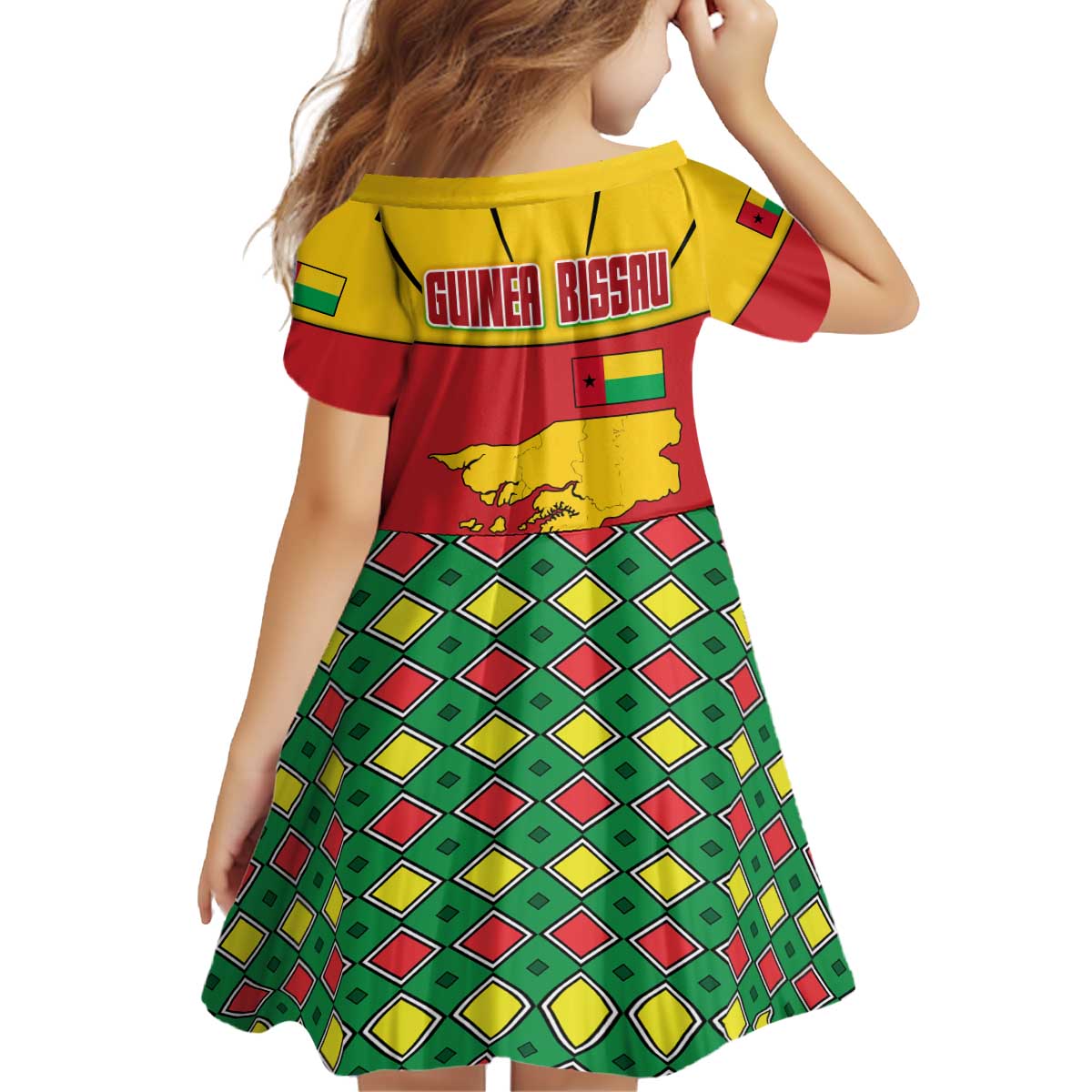 Guinea Bissau Kid Short Sleeve Dress with Red Yellow Green Geometric Design - Wonder Print Shop