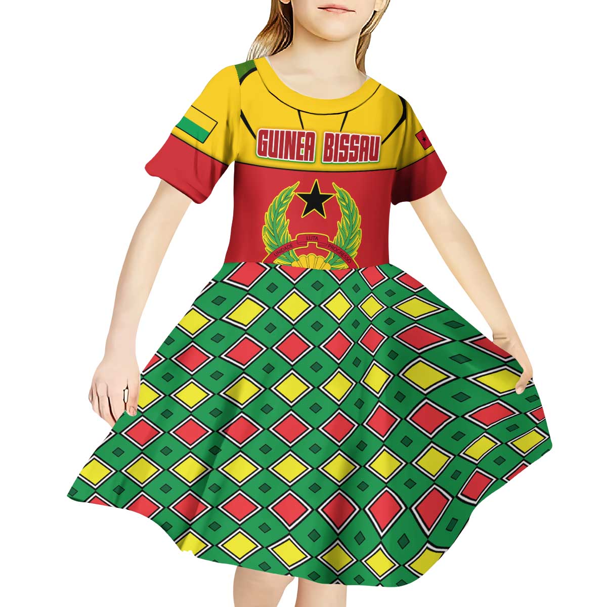 Guinea Bissau Kid Short Sleeve Dress with Red Yellow Green Geometric Design - Wonder Print Shop