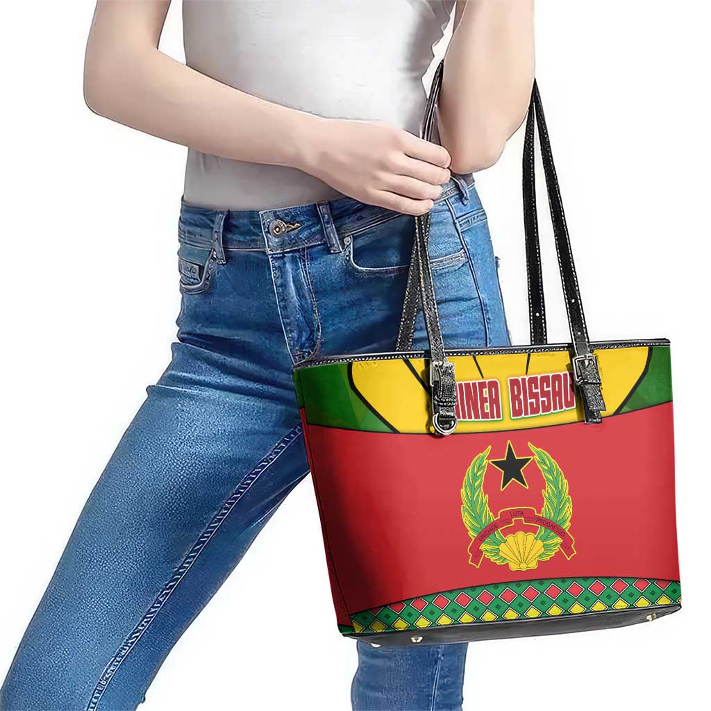 Guinea Bissau Leather Tote Bag with Red Yellow Green Geometric Design - Wonder Print Shop