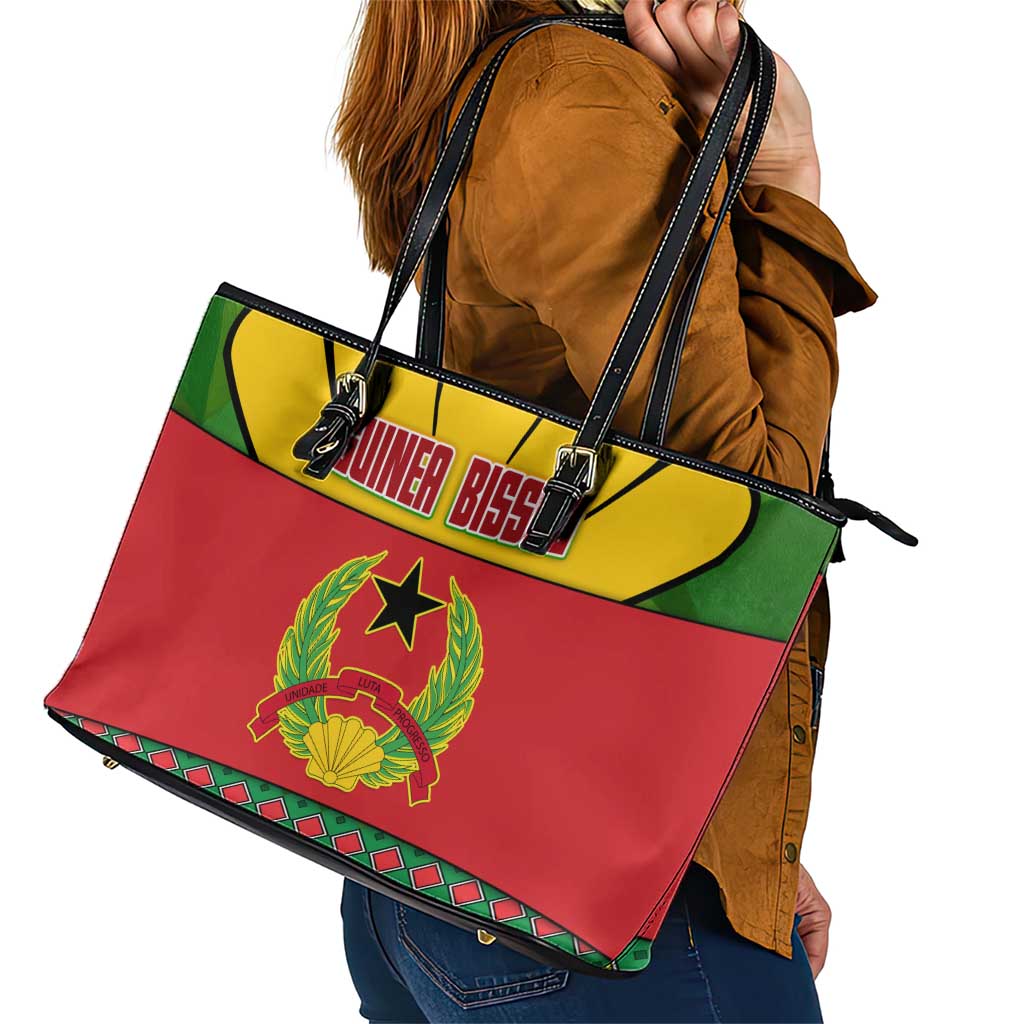 Guinea Bissau Leather Tote Bag with Red Yellow Green Geometric Design - Wonder Print Shop
