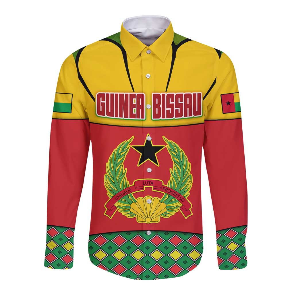 Guinea Bissau Long Sleeve Button Shirt with Red Yellow Green Geometric Design - Wonder Print Shop
