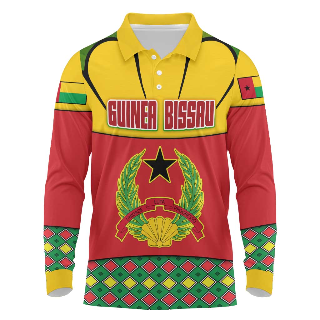 Guinea Bissau Long Sleeve Polo Shirt with Red Yellow Green Geometric Design - Wonder Print Shop