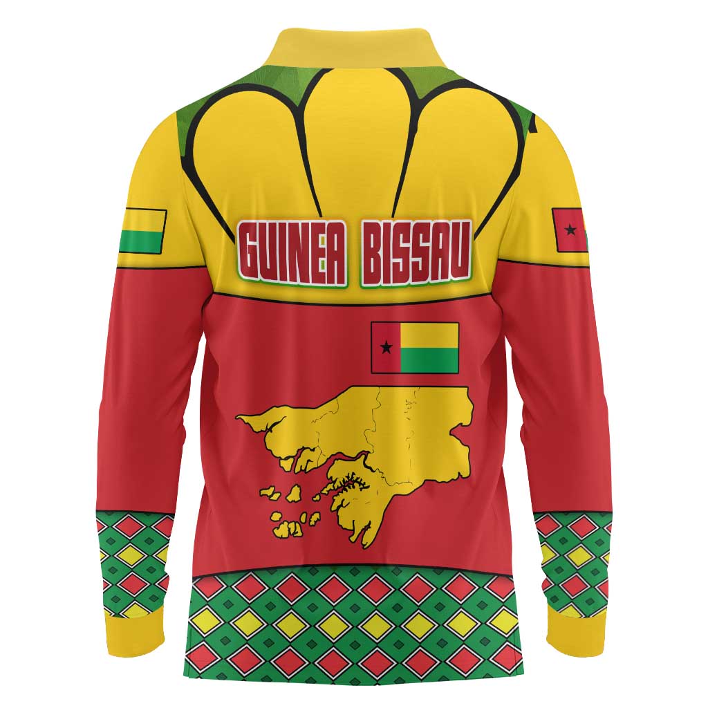 Guinea Bissau Long Sleeve Polo Shirt with Red Yellow Green Geometric Design - Wonder Print Shop