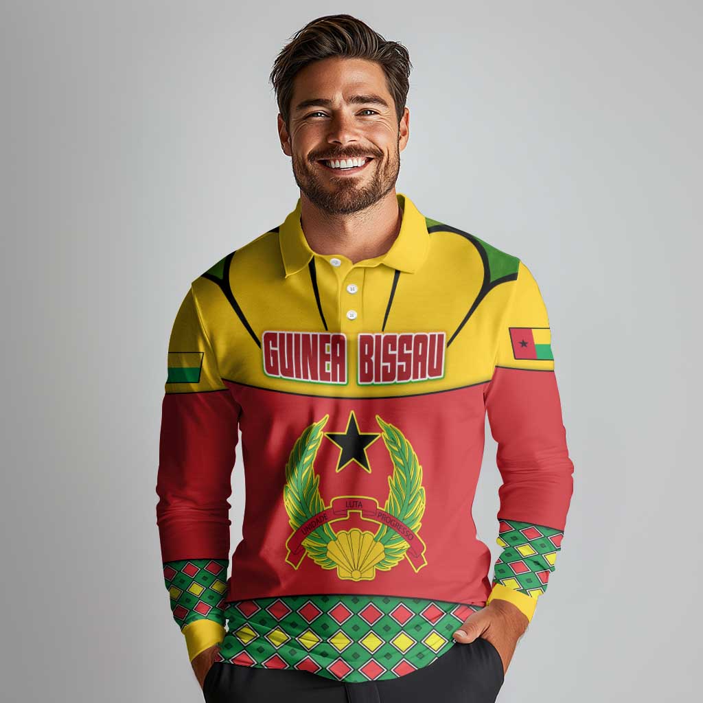 Guinea Bissau Long Sleeve Polo Shirt with Red Yellow Green Geometric Design - Wonder Print Shop