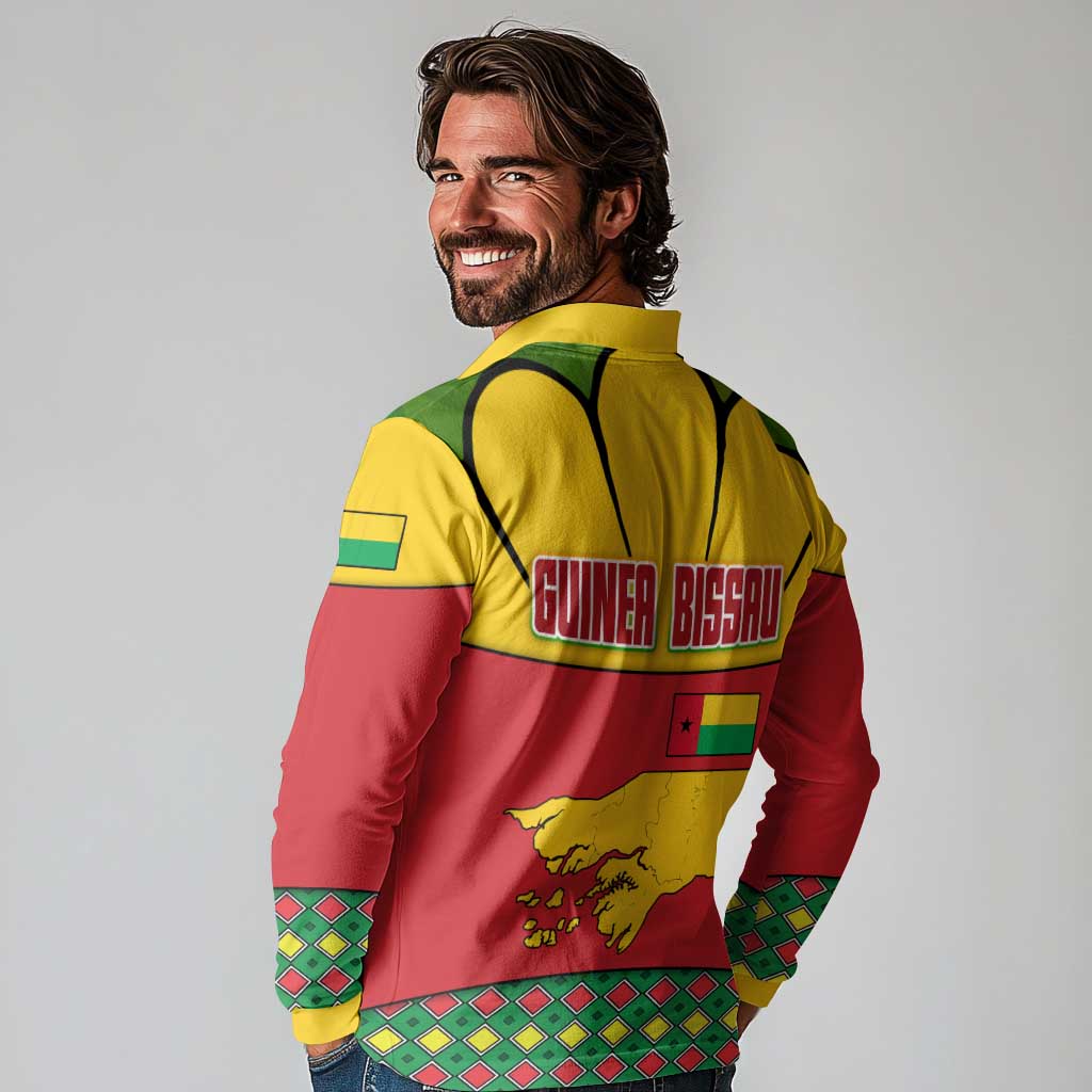 Guinea Bissau Long Sleeve Polo Shirt with Red Yellow Green Geometric Design - Wonder Print Shop