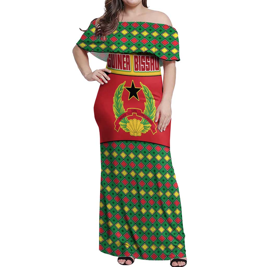 Guinea Bissau Off Shoulder Maxi Dress with Red Yellow Green Geometric Design - Wonder Print Shop