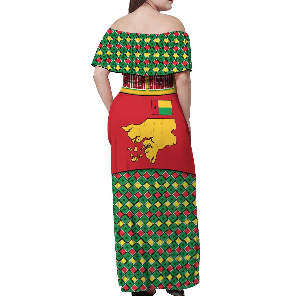Guinea Bissau Off Shoulder Maxi Dress with Red Yellow Green Geometric Design - Wonder Print Shop