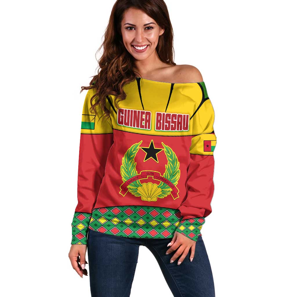 Guinea Bissau Off Shoulder Sweater with Red Yellow Green Geometric Design - Wonder Print Shop