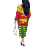 Guinea Bissau Off The Shoulder Long Sleeve Dress with Red Yellow Green Geometric Design - Wonder Print Shop