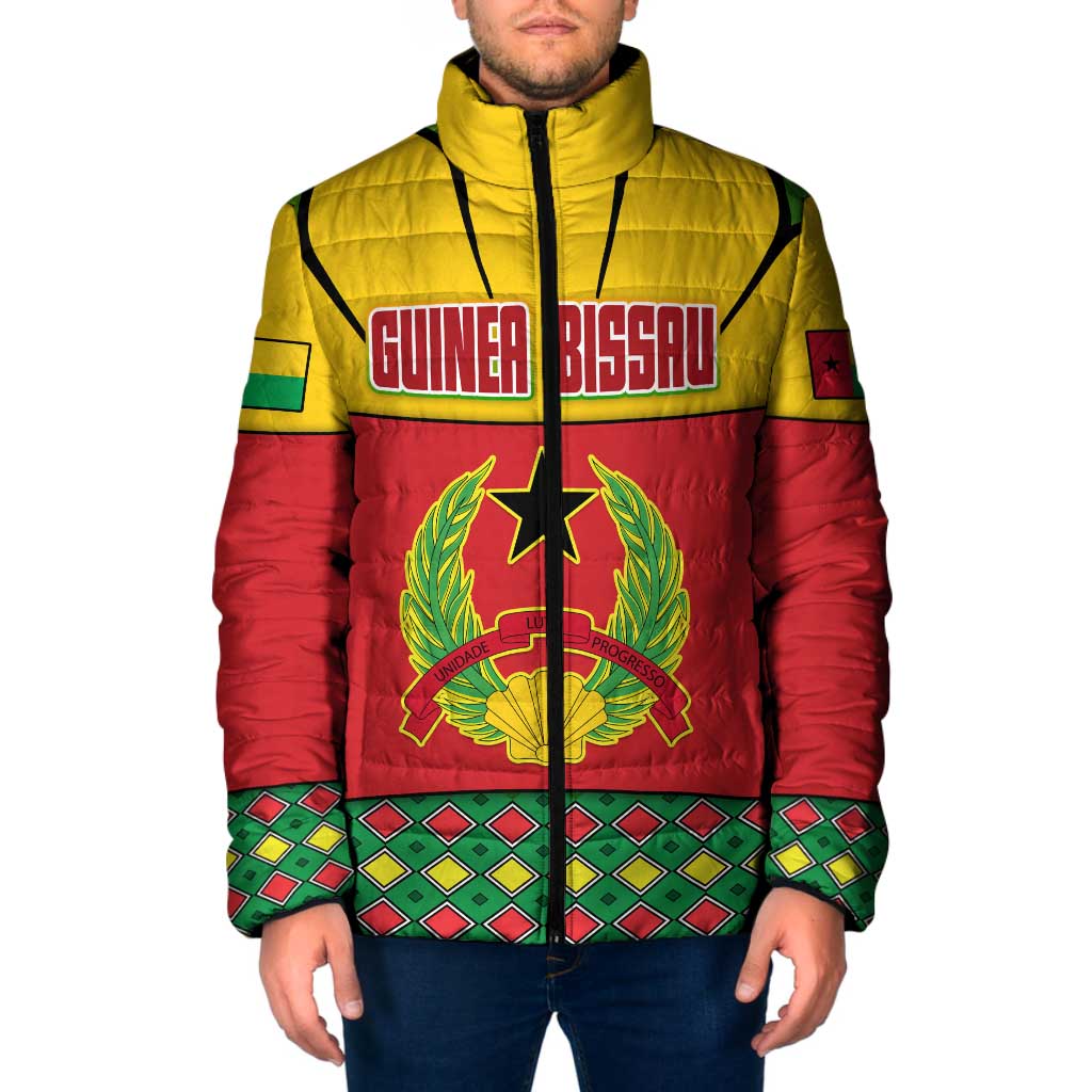 Guinea Bissau Padded Jacket with Red Yellow Green Geometric Design - Wonder Print Shop
