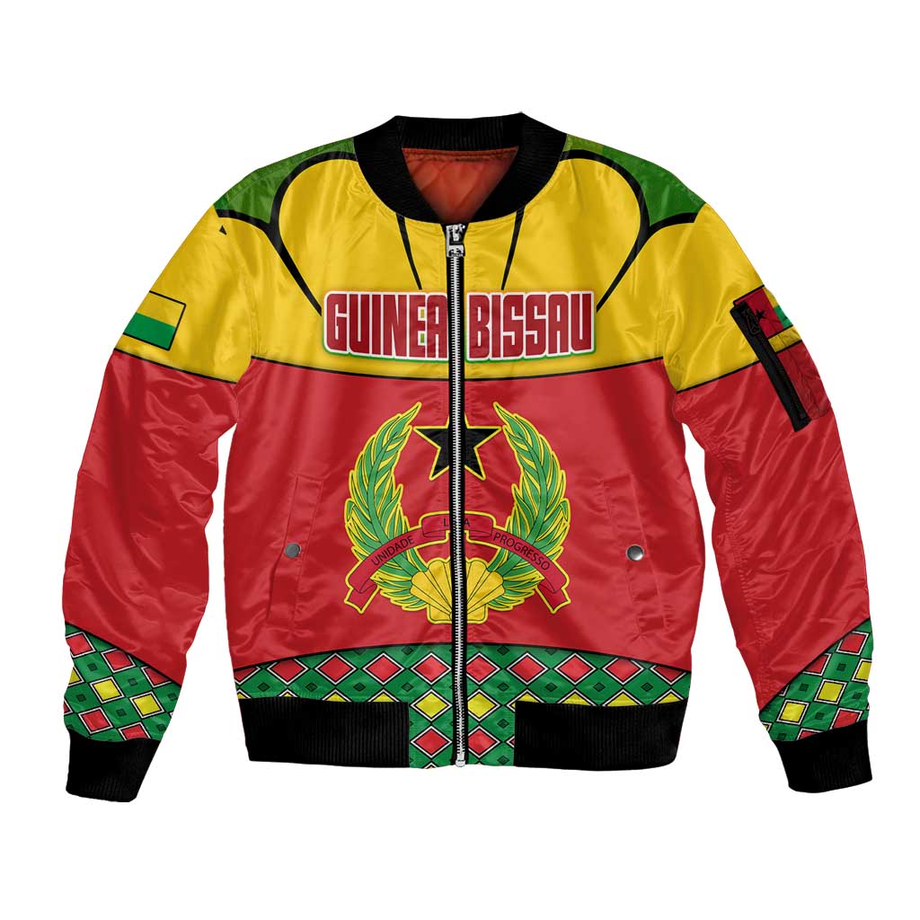Guinea Bissau Sleeve Zip Bomber Jacket with Red Yellow Green Geometric Design - Wonder Print Shop