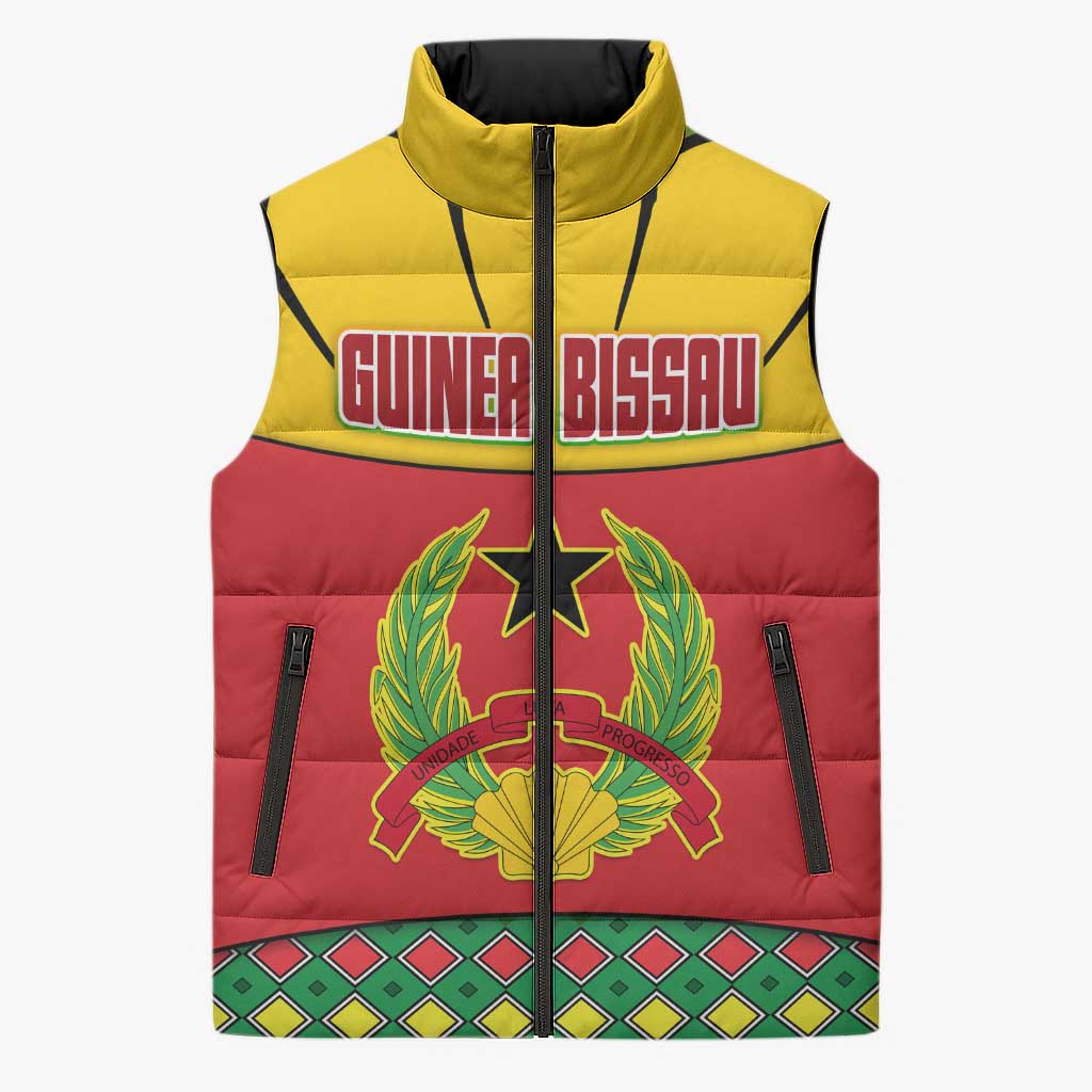 Guinea Bissau Sleeveless Puffer Jacket with Red Yellow Green Geometric Design - Wonder Print Shop