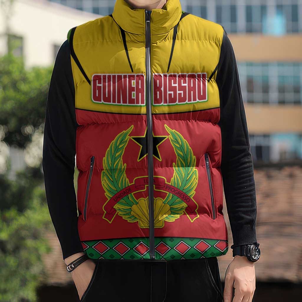 Guinea Bissau Sleeveless Puffer Jacket with Red Yellow Green Geometric Design - Wonder Print Shop
