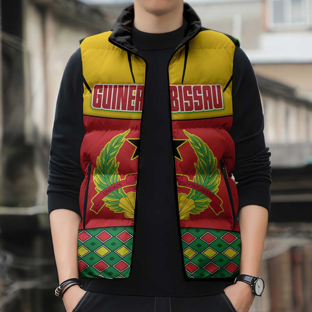 Guinea Bissau Sleeveless Puffer Jacket with Red Yellow Green Geometric Design - Wonder Print Shop