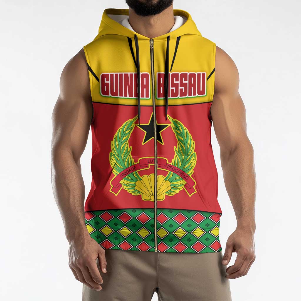 Guinea Bissau Sleeveless Zip Hoodie with Red Yellow Green Geometric Design - Wonder Print Shop