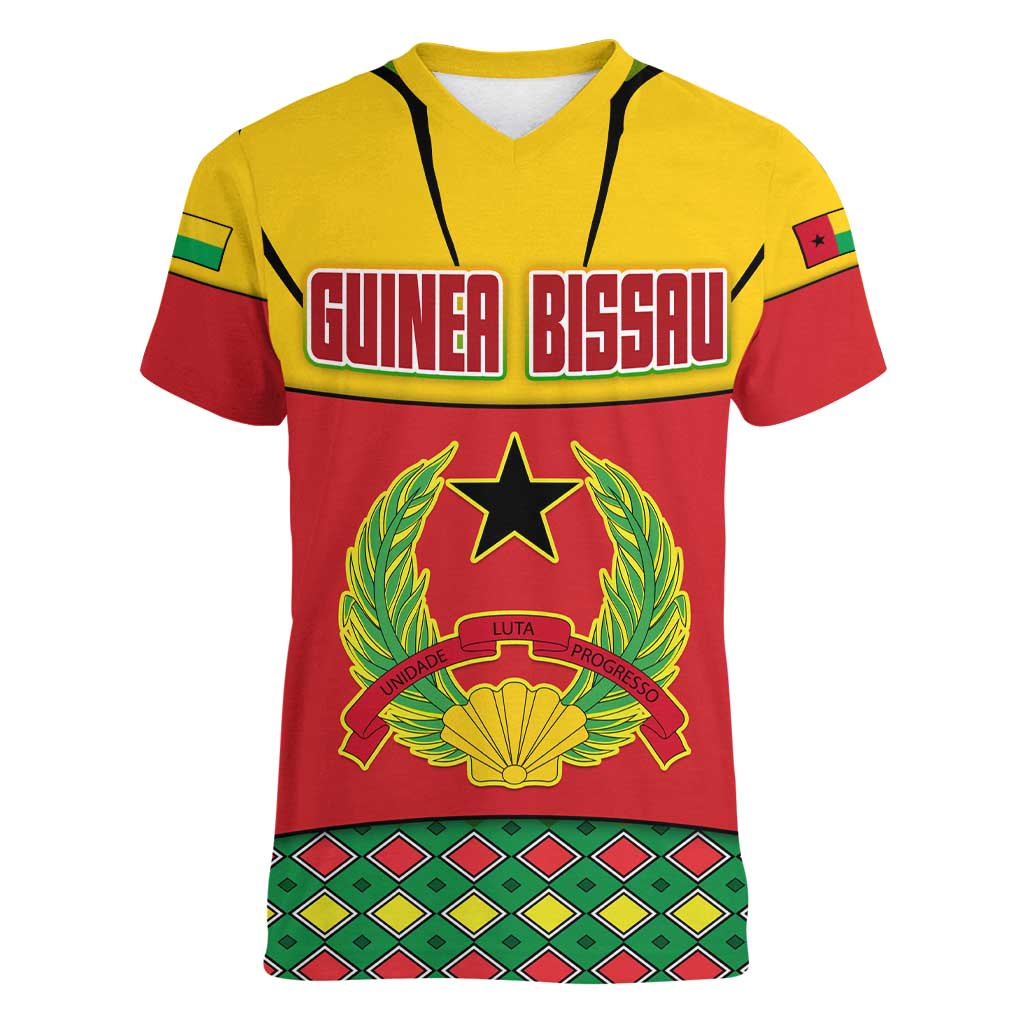 Guinea Bissau Women V-Neck T-Shirt with Red Yellow Green Geometric Design - Wonder Print Shop