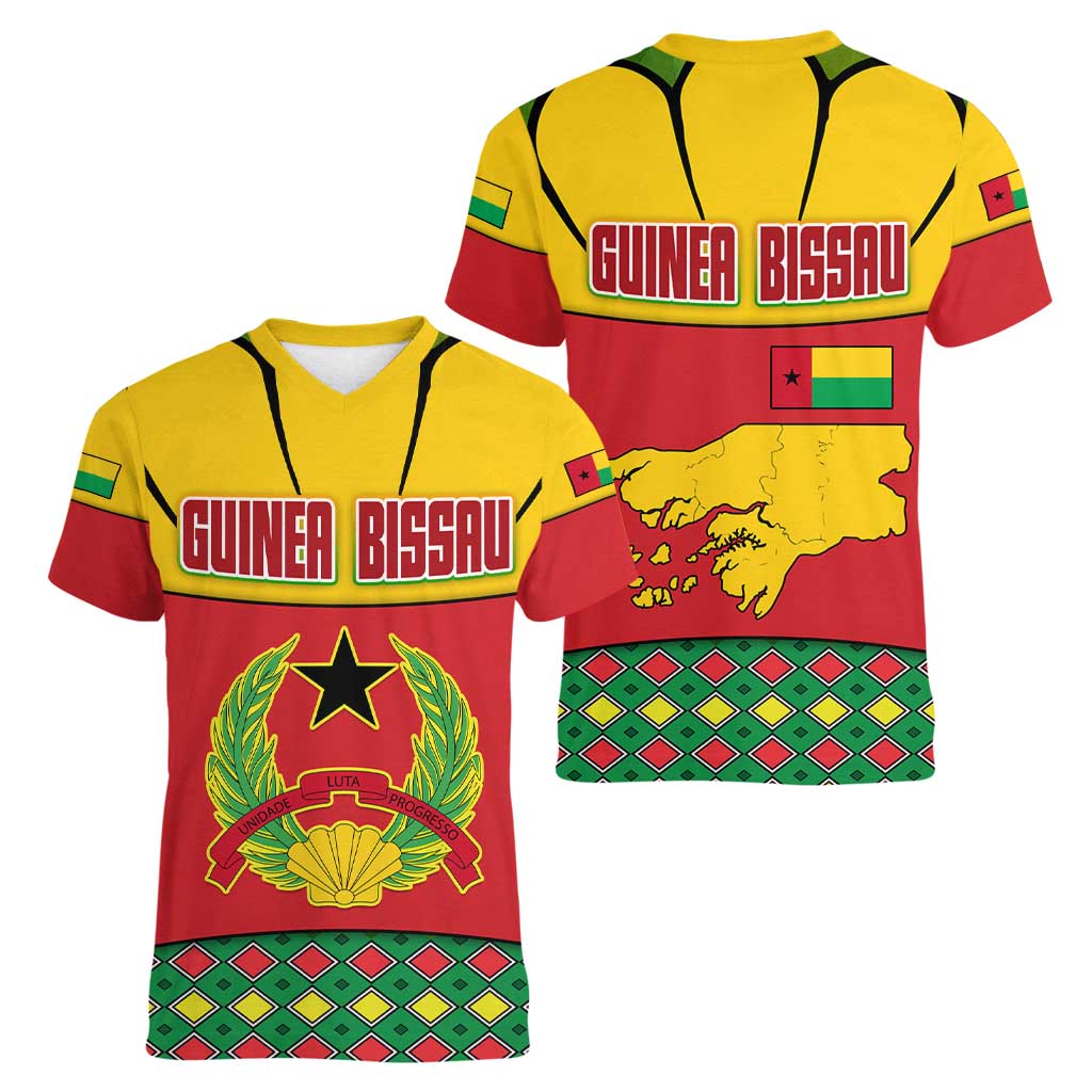 Guinea Bissau Women V-Neck T-Shirt with Red Yellow Green Geometric Design - Wonder Print Shop