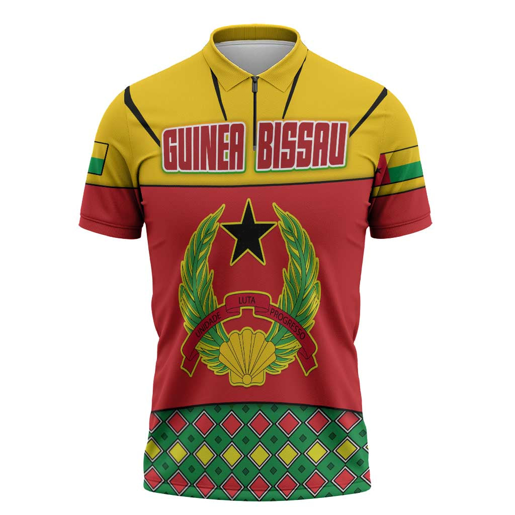 Guinea Bissau Zipper Polo Shirt with Red Yellow Green Geometric Design - Wonder Print Shop