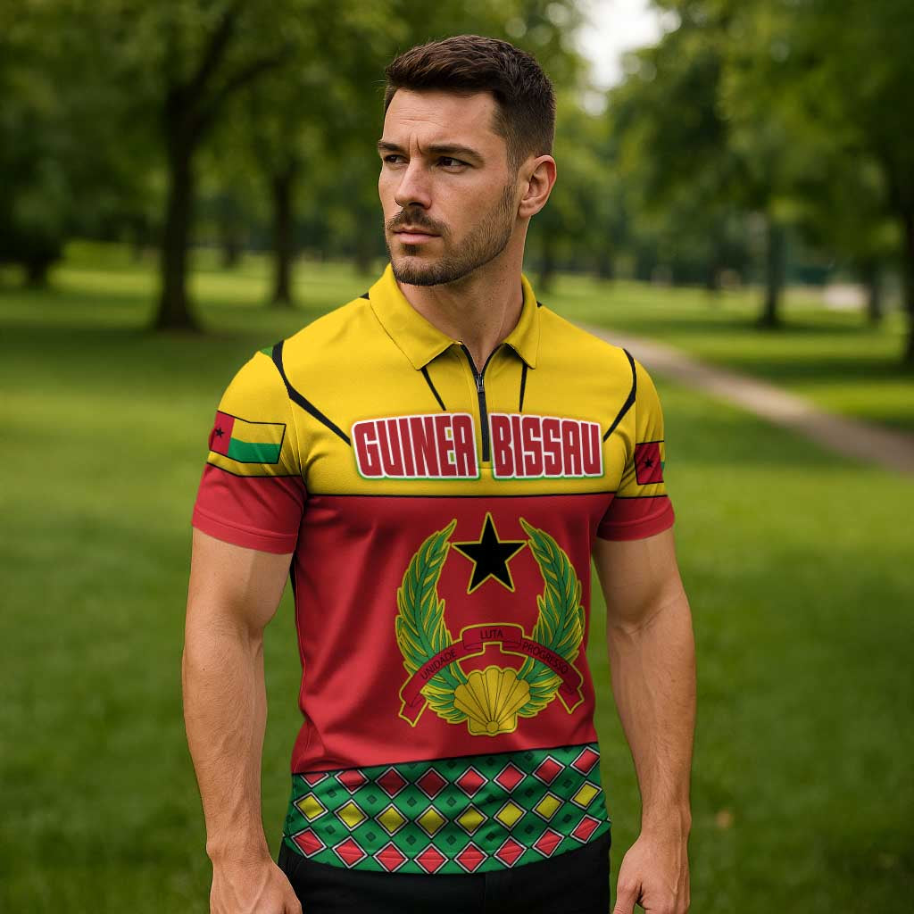 Guinea Bissau Zipper Polo Shirt with Red Yellow Green Geometric Design - Wonder Print Shop