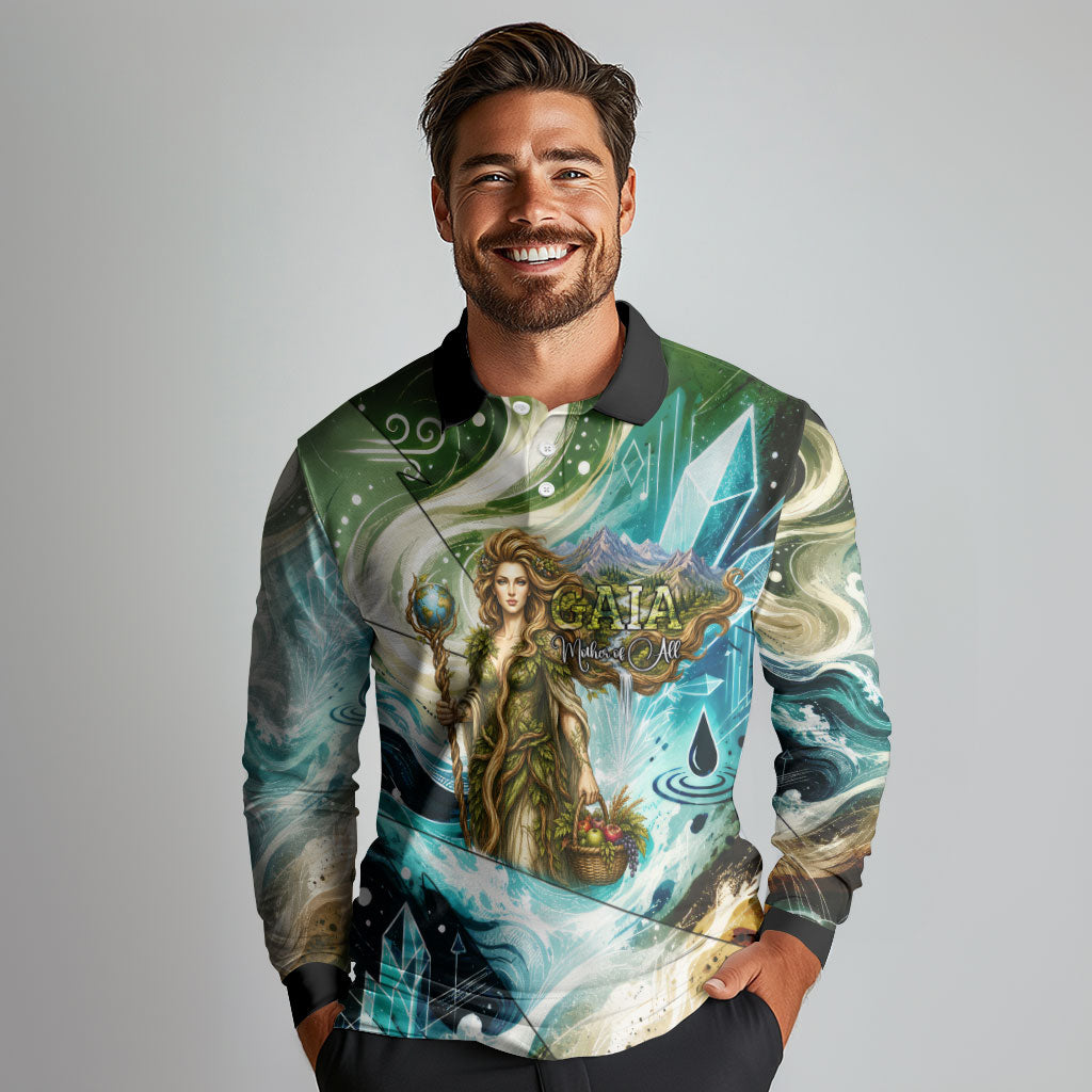 Gaia Mother Of Earth Goddess Long Sleeve Polo Shirt Greek Mythology Sacred Geometry Fantasy
