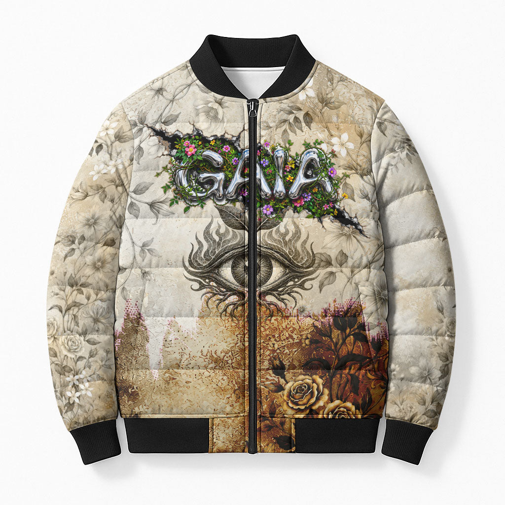 Gaia Mother Earth Sacred Eye Bomber Puffer Jacket Greek Vintage Botanical Sketch Esoteric Spiritual Floral
