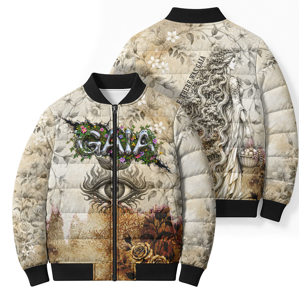Gaia Mother Earth Sacred Eye Bomber Puffer Jacket Greek Vintage Botanical Sketch Esoteric Spiritual Floral