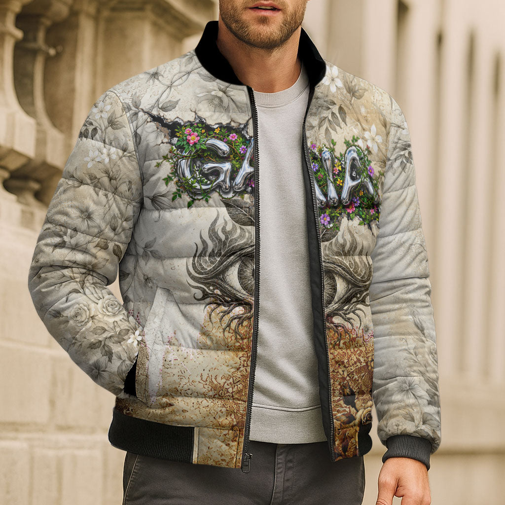 Gaia Mother Earth Sacred Eye Bomber Puffer Jacket Greek Vintage Botanical Sketch Esoteric Spiritual Floral