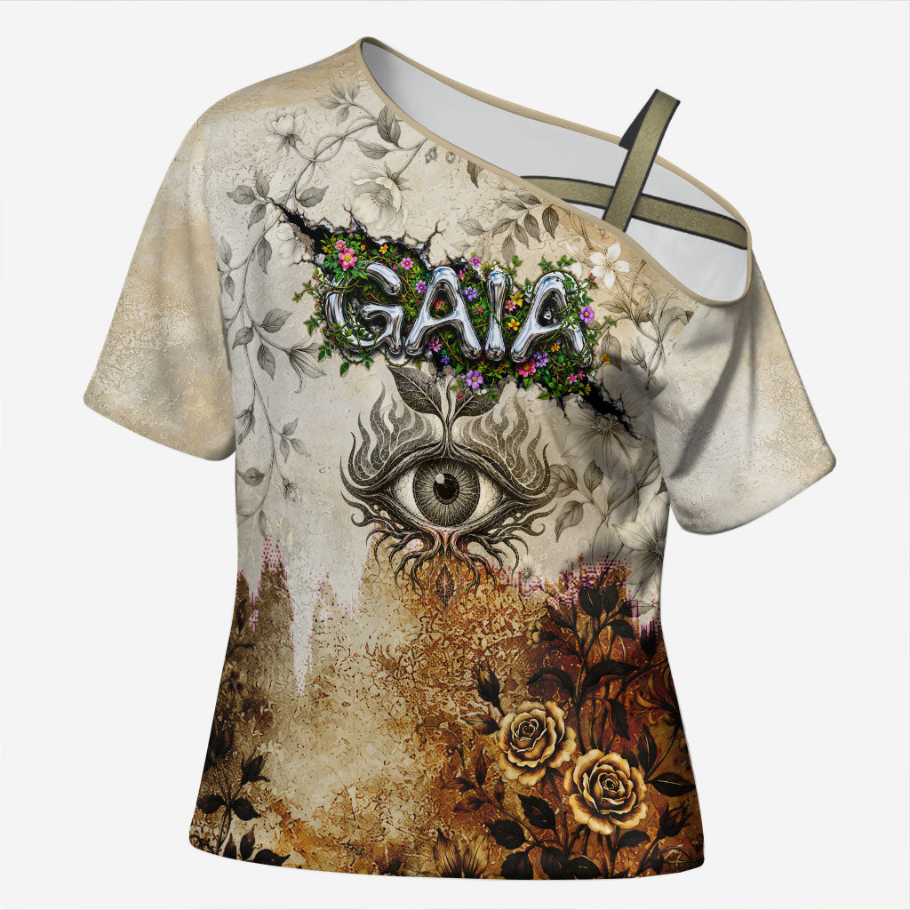 Gaia Mother Earth Sacred Eye Cross Shoulder Shirt Greek Vintage Botanical Sketch Esoteric Spiritual Floral