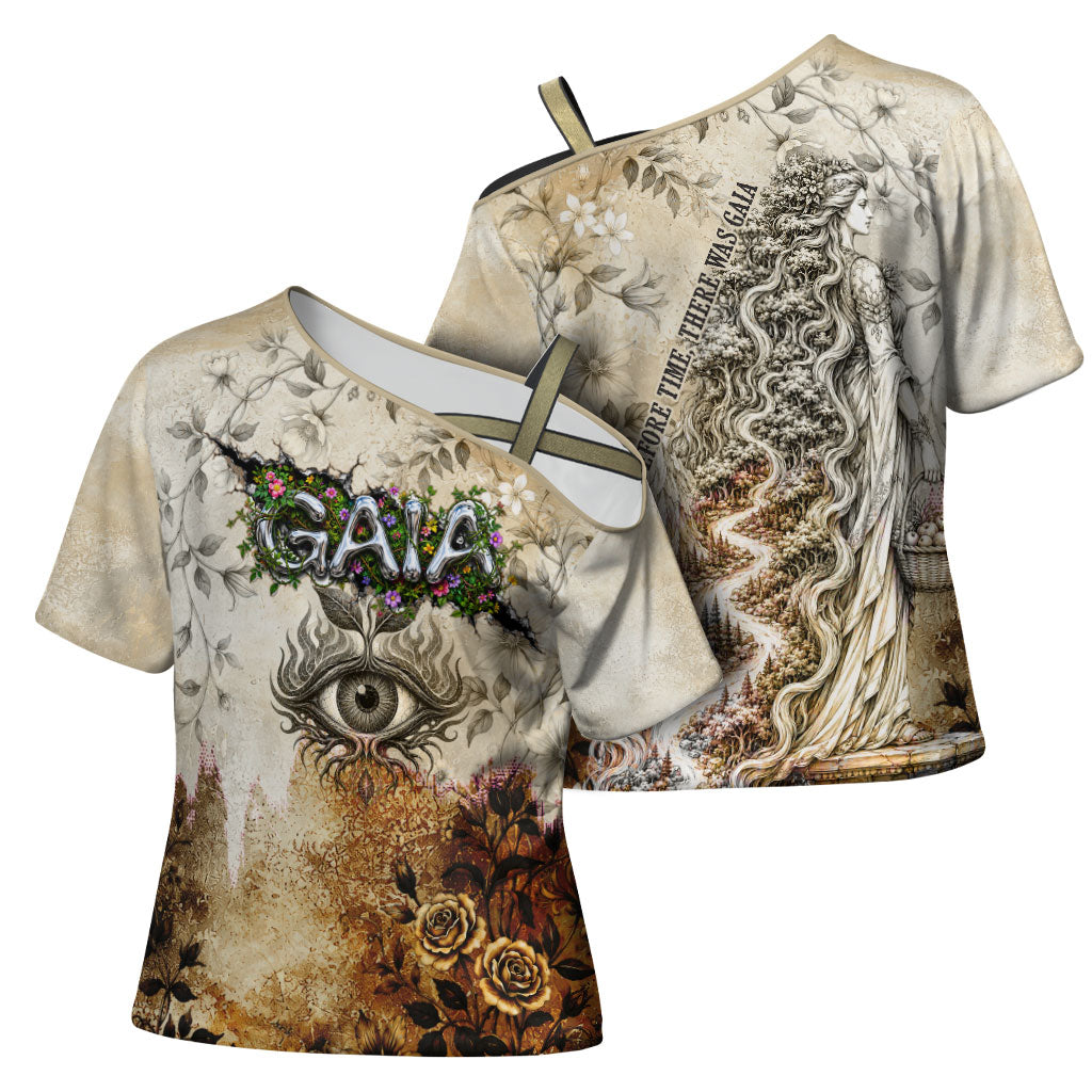 Gaia Mother Earth Sacred Eye Cross Shoulder Shirt Greek Vintage Botanical Sketch Esoteric Spiritual Floral