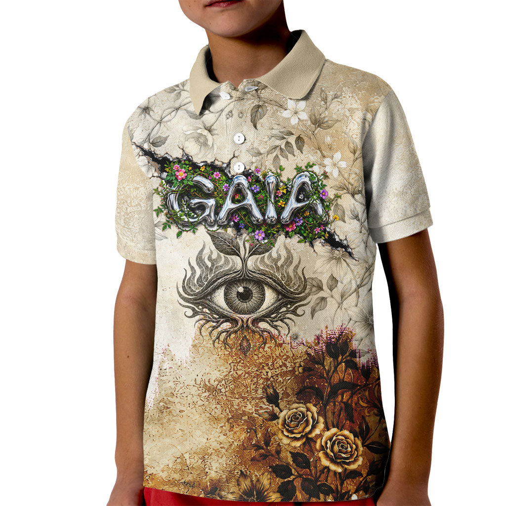 Gaia Mother Earth Sacred Eye Kid Polo Shirt Greek Vintage Botanical Sketch Esoteric Spiritual Floral