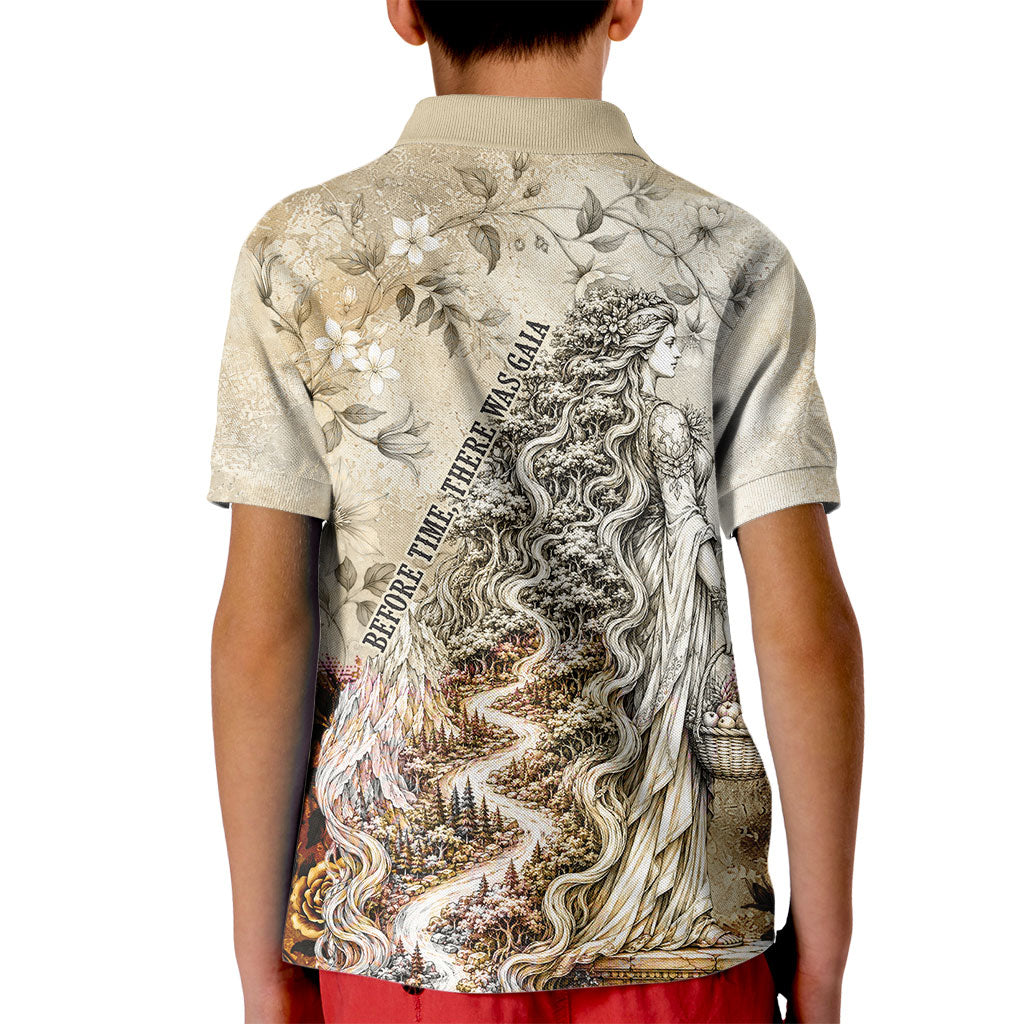 Gaia Mother Earth Sacred Eye Kid Polo Shirt Greek Vintage Botanical Sketch Esoteric Spiritual Floral