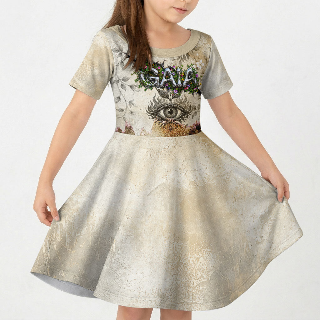 Gaia Mother Earth Sacred Eye Kid Short Sleeve Dress Greek Vintage Botanical Sketch Esoteric Spiritual Floral