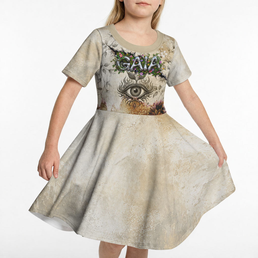 Gaia Mother Earth Sacred Eye Kid Short Sleeve Dress Greek Vintage Botanical Sketch Esoteric Spiritual Floral