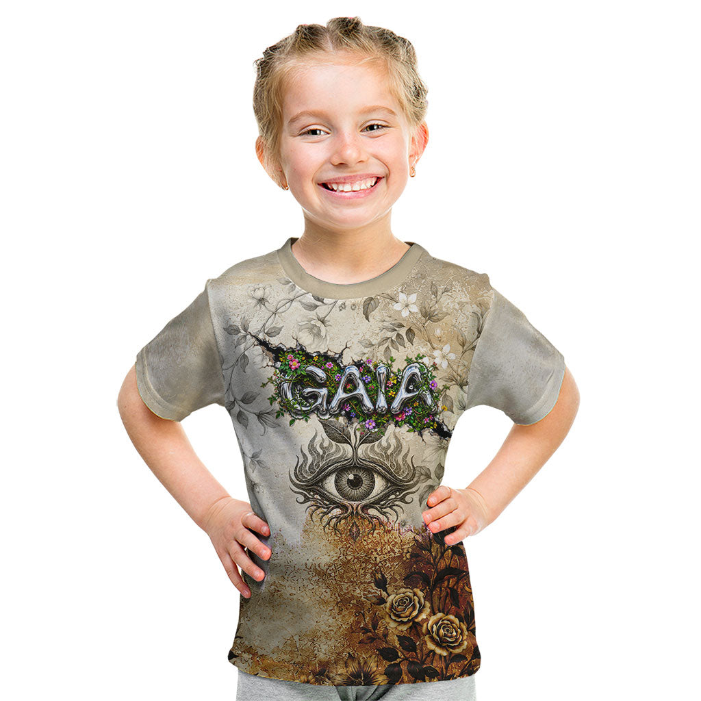 Gaia Mother Earth Sacred Eye Kid T Shirt Greek Vintage Botanical Sketch Esoteric Spiritual Floral