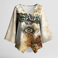 Gaia Mother Earth Sacred Eye Kimono Sleeve Blouse Greek Vintage Botanical Sketch Esoteric Spiritual Floral