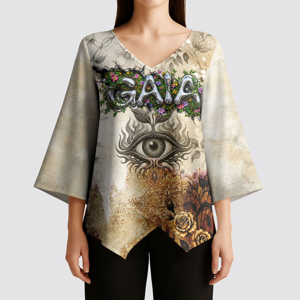 Gaia Mother Earth Sacred Eye Kimono Sleeve Blouse Greek Vintage Botanical Sketch Esoteric Spiritual Floral