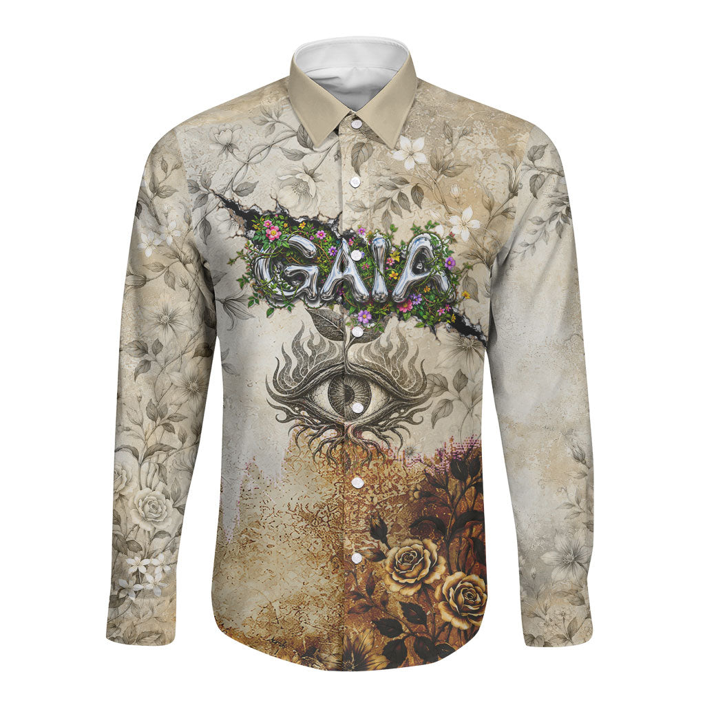 Gaia Mother Earth Sacred Eye Long Sleeve Button Shirt Greek Vintage Botanical Sketch Esoteric Spiritual Floral