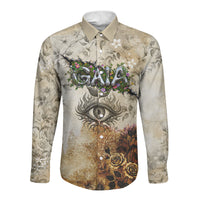 Gaia Mother Earth Sacred Eye Long Sleeve Button Shirt Greek Vintage Botanical Sketch Esoteric Spiritual Floral