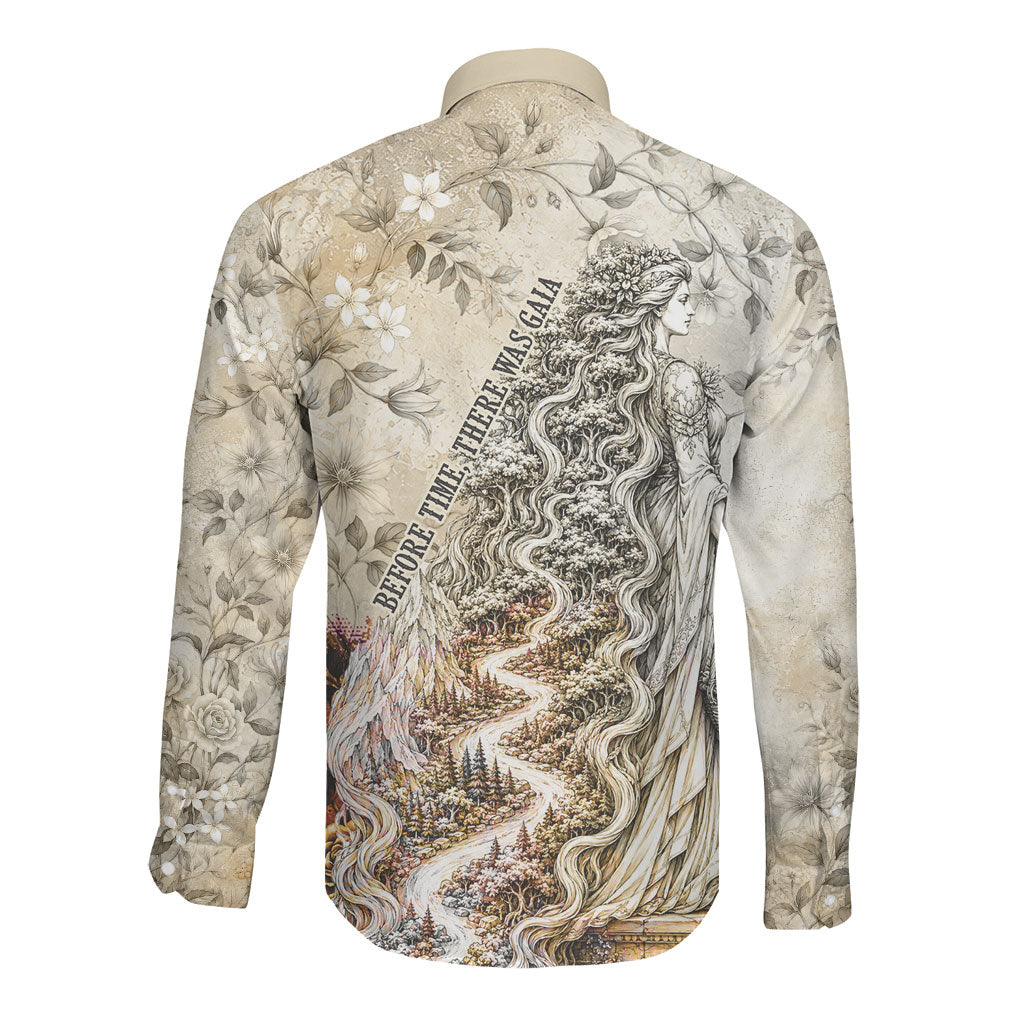 Gaia Mother Earth Sacred Eye Long Sleeve Button Shirt Greek Vintage Botanical Sketch Esoteric Spiritual Floral