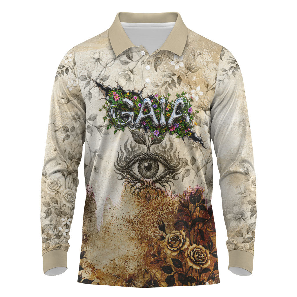 Gaia Mother Earth Sacred Eye Long Sleeve Polo Shirt Greek Vintage Botanical Sketch Esoteric Spiritual Floral