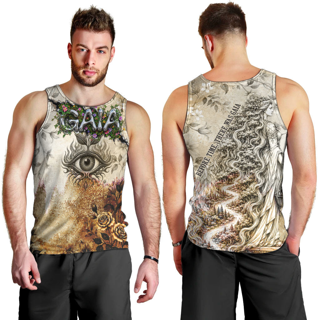 Gaia Mother Earth Sacred Eye Men Tank Top Greek Vintage Botanical Sketch Esoteric Spiritual Floral